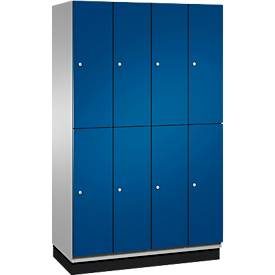 C+P Doppelstöckiger Spind Cambio, 4 Abteile, 8 Fächer, mit Sockel, B 1200 x T 525 x H 1980 mm, weissaluminium/enzianblau