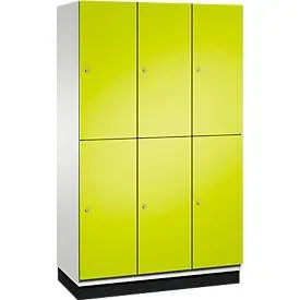 C+P Doppelstöckiger Spind Cambio, 3 Abteile, 6 Fächer, mit Sockel, B 1200 x T 525 x H 1980 mm, lichtgrau/clowngrün