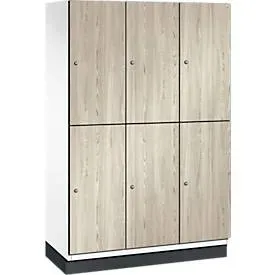 C+P Doppelstöckiger Spind Cambio, 3 Abteile, 6 Fächer, mit Sockel, B 1200 x T 525 x H 1980 mm, verkehrsweiss/Sen Esche?Dekor