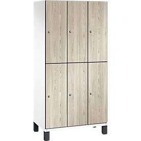 C+P Doppelstöckiger Spind Cambio, 3 Abteile, 6 Fächer, auf Füssen, B 900 x T 525 x H 1980 mm, verkehrsweiss/Sen Esche?Dekor