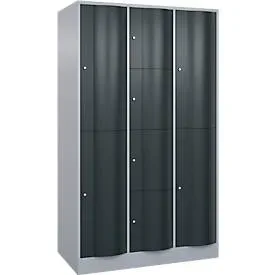 C+P Kombi-Schliessfachschrank Resisto, 3 Abteile, 8 Fächer, B 1148 x T 640 x H 1950 mm, Weissalu/Anthrazitgrau