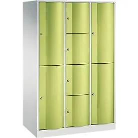 C+P Kombi-Schliessfachschrank Resisto, 3 Abteile, 8 Fächer, B 1148 x T 640 x H 1950 mm, Lichtgrau/Clowngrün