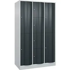 C+P Kombi-Schliessfachschrank Resisto, 3 Abteile, 8 Fächer, B 1148 x T 640 x H 1950 mm, Lichtgrau/Anthrazitgrau