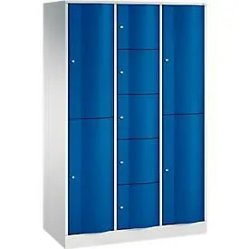 C+P Kombi-Schliessfachschrank Resisto, 3 Abteile, 9 Fächer, B 1148 x T 540 x H 1950 mm, Lichtgrau/Lichtblau