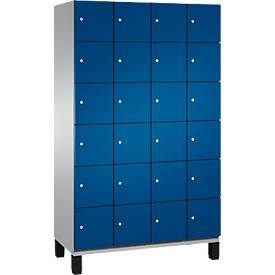 C+P Schliessfachschrank Cambio, 4 Abteile, 24 Fächer, auf Füssen, B 1200 x T 525 x H 1980 mm, weissaluminium/enzianblau