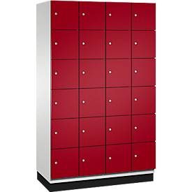 C+P Schliessfachschrank Cambio, 4 Abteile, 24 Fächer, mit Sockel, B 1200 x T 525 x H 1980 mm, lichtgrau/rubinrot