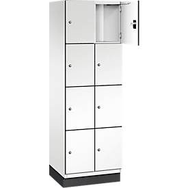 C+P Schliessfachschrank Cambio, 2 Abteile, 8 Fächer, mit Sockel, B 600 x T 525 x H 1980 mm, verkehrsweiss/weiss