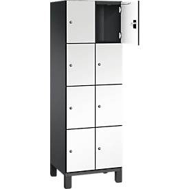 C+P Schliessfachschrank Cambio, 2 Abteile, 8 Fächer, auf Füssen, B 600 x T 525 x H 1980 mm, schwarzgrau/weiss