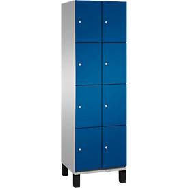 C+P Schliessfachschrank Cambio, 2 Abteile, 8 Fächer, auf Füssen, B 600 x T 525 x H 1980 mm, weissaluminium/enzianblau