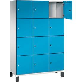C+P Schliessfachschrank Cambio, 3 Abteile, 12 Fächer, auf Füssen, B 1200 x T 525 x H 1980 mm, lichtgrau/lichtblau
