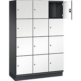 C+P Schliessfachschrank Cambio, 3 Abteile, 12 Fächer, mit Sockel, B 1200 x T 525 x H 1980 mm, schwarzgrau/weiss