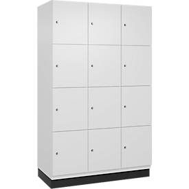 C+P Schliessfachschrank Cambio, 3 Abteile, 12 Fächer, mit Sockel, B 1200 x T 525 x H 1980 mm, verkehrsweiss
