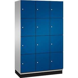 C+P Schliessfachschrank Cambio, 3 Abteile, 12 Fächer, mit Sockel, B 1200 x T 525 x H 1980 mm, weissaluminium/enzianblau