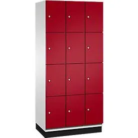 C+P Schliessfachschrank Cambio, 3 Abteile, 12 Fächer, mit Sockel, B 900 x T 525 x H 1980 mm, lichtgrau/rubinrot
