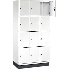 C+P Schliessfachschrank Cambio, 3 Abteile, 12 Fächer, mit Sockel, B 900 x T 525 x H 1980 mm, verkehrsweiss/weiss