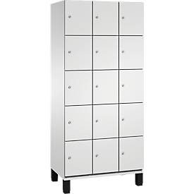 C+P Schliessfachschrank Cambio, 3 Abteile, 15 Fächer, auf Füssen, B 900 x T 525 x H 1980 mm, lichtgrau