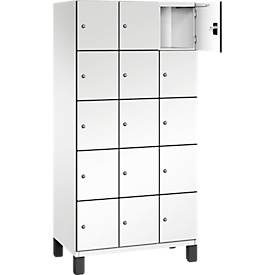 C+P Schliessfachschrank Cambio, 3 Abteile, 15 Fächer, auf Füssen, B 900 x T 525 x H 1980 mm, verkehrsweiss/weiss