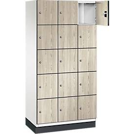 C+P Schliessfachschrank Cambio, 3 Abteile, 15 Fächer, mit Sockel, B 900 x T 525 x H 1980 mm, verkehrsweiss/Sen Esche-Dekor