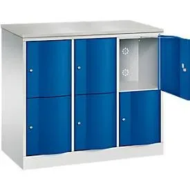 C+P Schliessfachschrank Resisto, 3 Abteile, 6 Fächer, B 1148 x T 540 x H 1077 mm, Lichtgrau/Enzianblau
