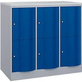 C+P Schliessfachschrank Resisto, 3 Abteile, 6 Fächer, B 1148 x T 640 x H 1077 mm, Weissalu/Enzianblau