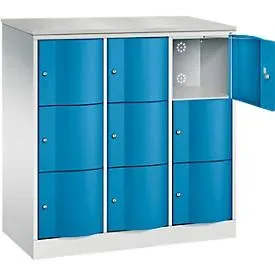 C+P Schliessfachschrank Resisto, 3 Abteile, 9 Fächer, B 1148 x T 540 x H 1255 mm, Lichtgrau/Clowngrün