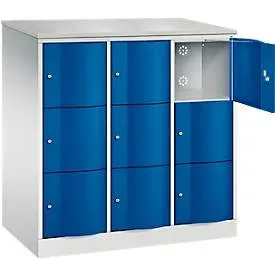 C+P Schliessfachschrank Resisto, 3 Abteile, 9 Fächer, B 1148 x T 640 x H 1255 mm, Lichtgrau/Enzianblau