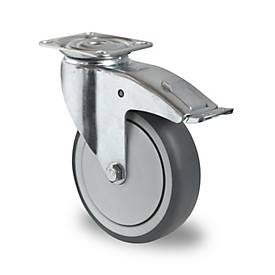 CASCOO Lenkrolle P2T2, mit Totalfeststeller, Rad-ø 100 mm x B 32 mm, Polypropylen-Felge, Elastomer-Lauffläche, grau, Kugellager, bis 100 kg