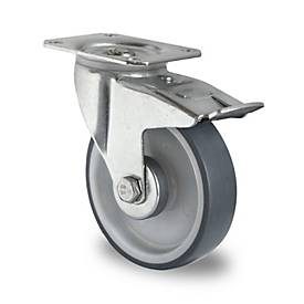CASCOO Lenkrolle P2V2, mit Totalfeststeller, Rad-ø 200 mm x B 48 mm, Polypropylen-Felge, Elastomer-Lauffläche, grau, Rollenlager, bis 200 kg