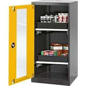 Chemikalienschrank, Flügeltür und Glasausschnitt, 2 Auszüge, H 1105  mm, sicherheitsgelb