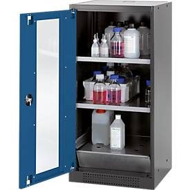 Chemikalienschrank, Flügeltür und Glasausschnitt, 2 Böden, H 1105 mm, enzianblau