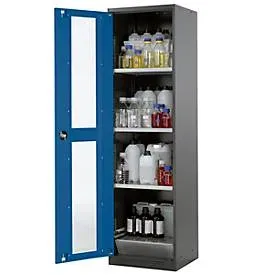 Chemikalienschrank, Flügeltür und Glasausschnitt, 3 Böden, H 1950 mm, enzianblau
