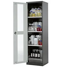 Chemikalienschrank, Flügeltür und Glasausschnitt, 3 Böden, H 1950 mm, lichtgrau