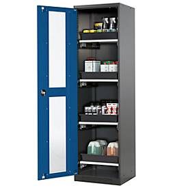 Chemikalienschrank, Flügeltür und Glasausschnitt, 4 Auszüge, H 1950 mm, enzianblau