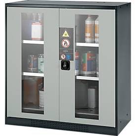 Chemikalienschrank, Flügeltür m. Glasauschnitt, 2 Böden, 1055x520x1105 mm, lichtgrau