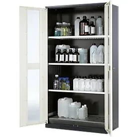 Chemikalienschrank, Flügeltür m. Glasauschnitt, 3 Böden, 1055x520x1950 mm, reinweiss