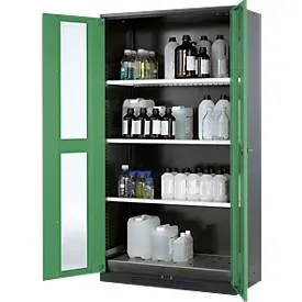 Chemikalienschrank, Flügeltür m. Glasauschnitt, 3 Böden, 1055x520x1950 mm, resedagrün