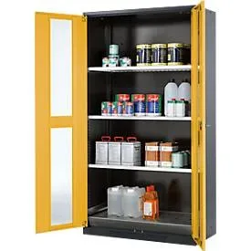 Chemikalienschrank, Flügeltür m. Glasauschnitt, 3 Böden, 1055x520x1950 mm, sicherheitsgelb