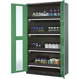Chemikalienschrank, Flügeltür m. Glasauschnitt, 4 Auszugswannen, 1055x520x1950 mm, resedagrün
