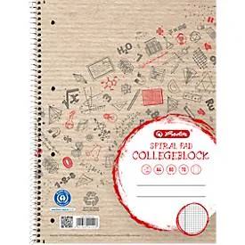 Collegeblock Herlitz Recycling, 80 Blatt, DIN A4+, 70 g/m², 4-fach gelocht, Spiralbindung, OPTIK PAPER®, kariert, Rand links, mehrfarbig