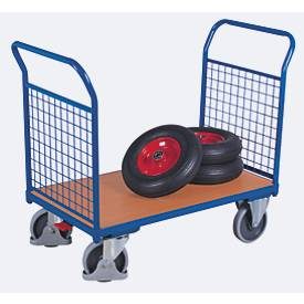 Doppel-Stirnwandwagen, Stahl/MDF-Platte, Enzianblau/Buche-Dekor, L 850 x B 500 mm, Stirnwände aus Drahtgitter, TPE-Rollen mit EasySTOP, bis 400 kg