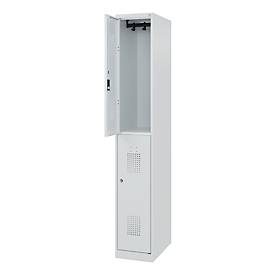 Doppelstöckiger Feuerwehrspind C+P Flexo White, 1 Abteil mit 2 Fächern, Bodengleiter, B 300 x T 500 x H 1850 mm, RAL 7035 Lichtgrau