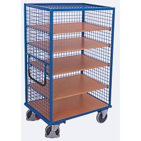 Drahtgitter-Etagenwagen, Stahl/MDF-Platte, Enzianblau/Buche-Dekor, 5 Etagen, 1245 x 785 mm, 3 Wände und Dach, EasySTOP, bis 500 kg