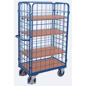 Drahtgitter-Etagenwagen, Stahl/MDF-Platte, Enzianblau/Buche-Dekor, 1 Etage, 1000 x 600 mm, einhängbare Längswände, EasySTOP, bis 500 kg