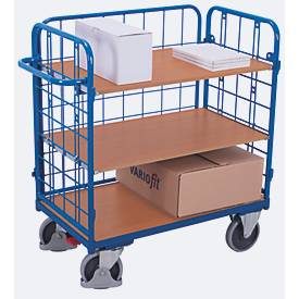 Drahtgitter-Etagenwagen, Stahl/MDF-Platte, Enzianblau/Buche-Dekor, 1 Etage, 1000 x 600 mm, einhängbare Längswand, EasySTOP, bis 500 kg
