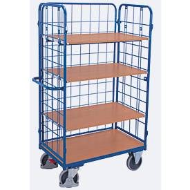Drahtgitter-Etagenwagen, Stahl/MDF-Platte, Enzianblau/Buche-Dekor, 1 Etage, 850 x 500 mm, einhängbare Längswand, EasySTOP, bis 400 kg