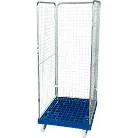 Drahtgitterbehälter 3-seitig, 1600 auf Kunststoffrollbehälter, enzianblau RAL 5010