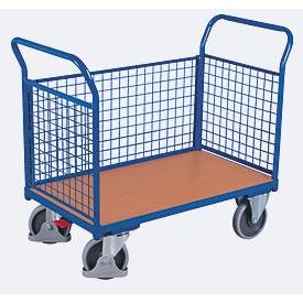 Dreiwandwagen, Stahl/MDF-Platte, Enzianblau/Buche-Dekor, L 1000 x B 675 mm, herausnehmbare Längswand, TPE-Rollen mit EasySTOP, bis 500 kg