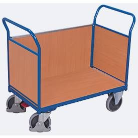 Dreiwandwagen, Stahl/MDF-Platte, Enzianblau/Buche-Dekor, L 1200 x B 775 mm, herausnehmbare Längswand, TPE-Rollen mit EasySTOP, bis 500 kg