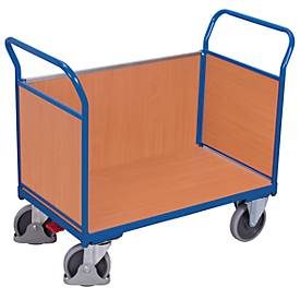 Dreiwandwagen, Stahl/MDF-Platte, Enzianblau/Buche-Dekor, L 850 x B 475 mm, herausnehmbare Längswand, TPE-Rollen mit EasySTOP, bis 400 kg