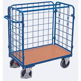 Dreiwandwagen, Stahl/MDF-Platte, Enzianblau/Buche-Dekor, L 850 x B 500 mm, Nutzhöhe 925 mm, einhängbare Längswand, EasySTOP, bis 400 kg